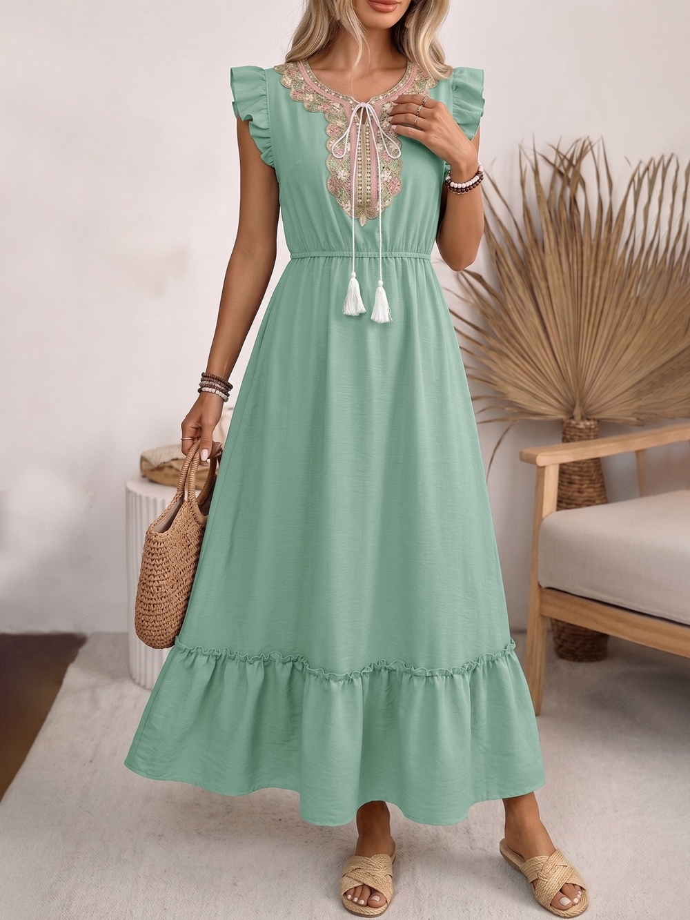 Women's Mint Green Embroidered Tassel Maxi Dress